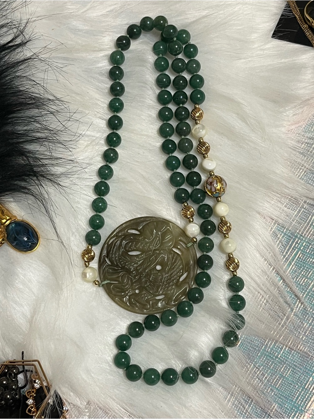 Vintage Faux Jade Carved Cloissone Necklace